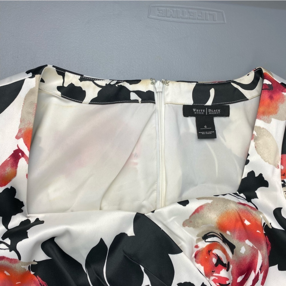WHBM Floral Print Silky Cap Sleeve Scoop Neck Black White Coral Red/Pink Dress 6 - Picture 9 of 13